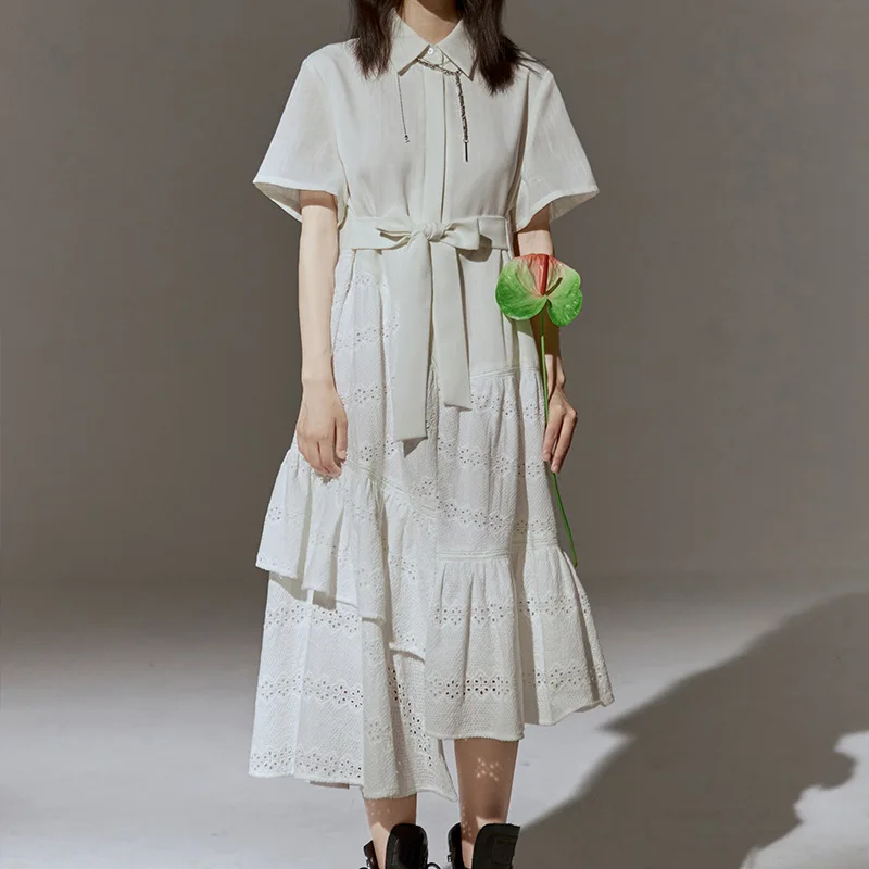 

Solid White Irregular Ruffles Dress Summer Loose Lace Patchwork Casual Female Dress Elegant Party Dresses Women Clothes Vestidos