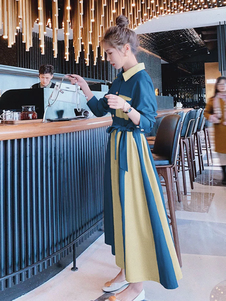 Платье LANMREM New Women осень женские пэчворк цвет контраст регулируемая талия длинный рукав отложной воротник модные платья 2J1362.