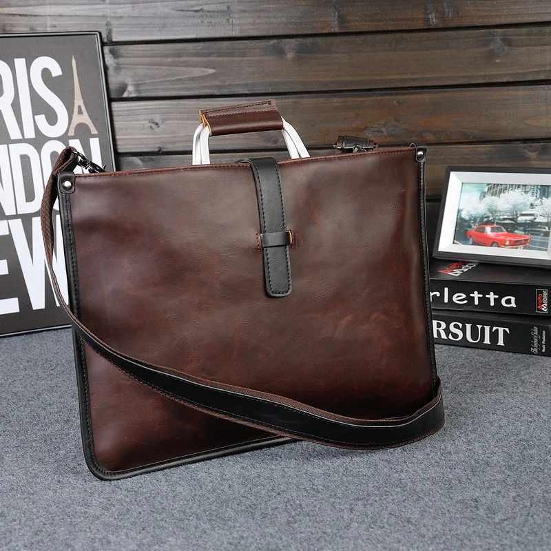 Vintage PU Leather Men's Handbag Business Briefcase For Document Large Capacity File Bag Fashion Shoulder Messenger Bag