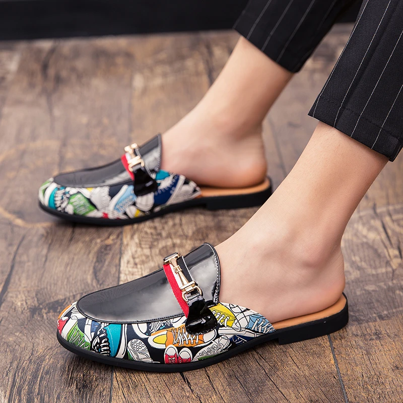 

Coslony Black Half Shoes Casual Shoes Men Mules Fashion Half Drag Leather Men Shoes Mocassin Men Leather Shoes Homme Chaussure