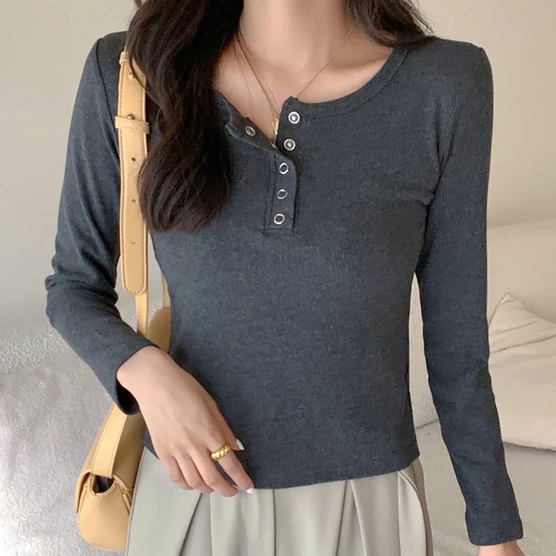 

Women's New Spring Top Ribbed Long Sleeve O Neck Casual Solid T Shirts Female Button Basic Slim Thin Cotton Tees T-Shirt Femme