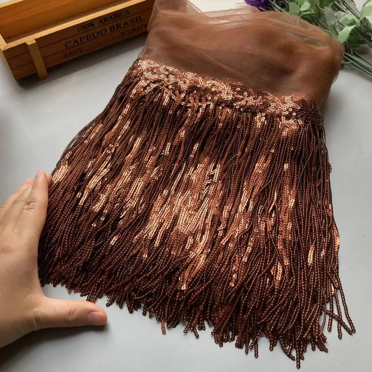 

2 Yards Coffee 20cm Sequins Tassel Lace Fabric Fringe Trim Ribbon DIY Dance Performance Dresses Decoration Accessories