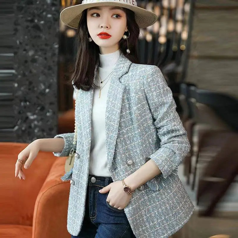 

Free Shipping Autumn New Pink Blazer Tweed Lattice Blue Coat Double Breasted Plaid Notched Office Lady Formal Blazers