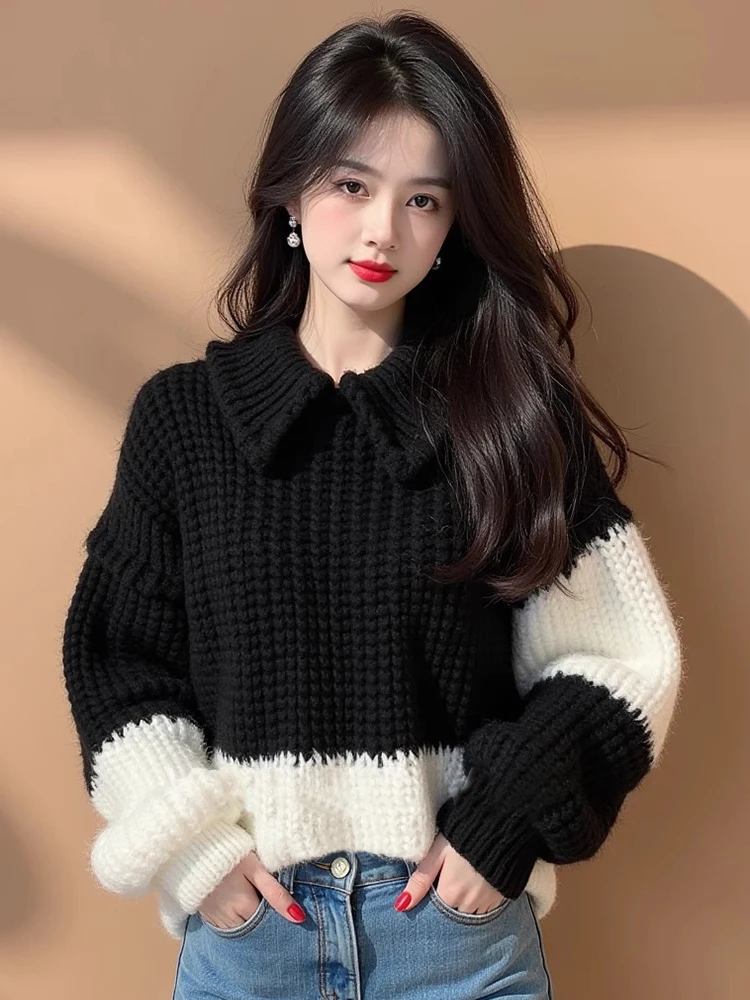 Женский пуловер в черно-белую полоску новинка 2024 осень и зима свободный короткий