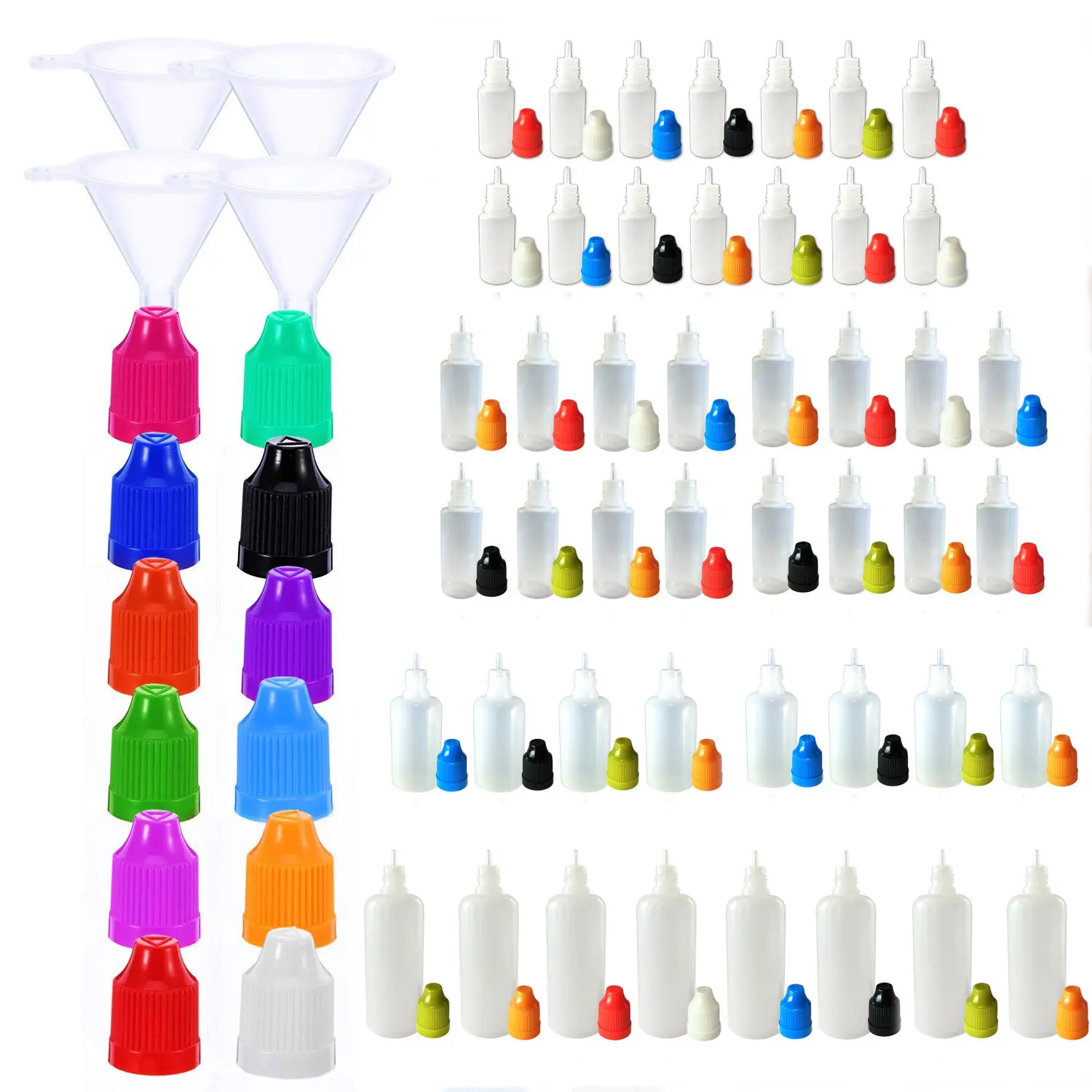 

100Pcs 5ml-120ml LDPE Dropper Bottles Plastic Empty Squeezable E Juice Refillable Eye Liquid Drop Containers CRC Caps Funnels