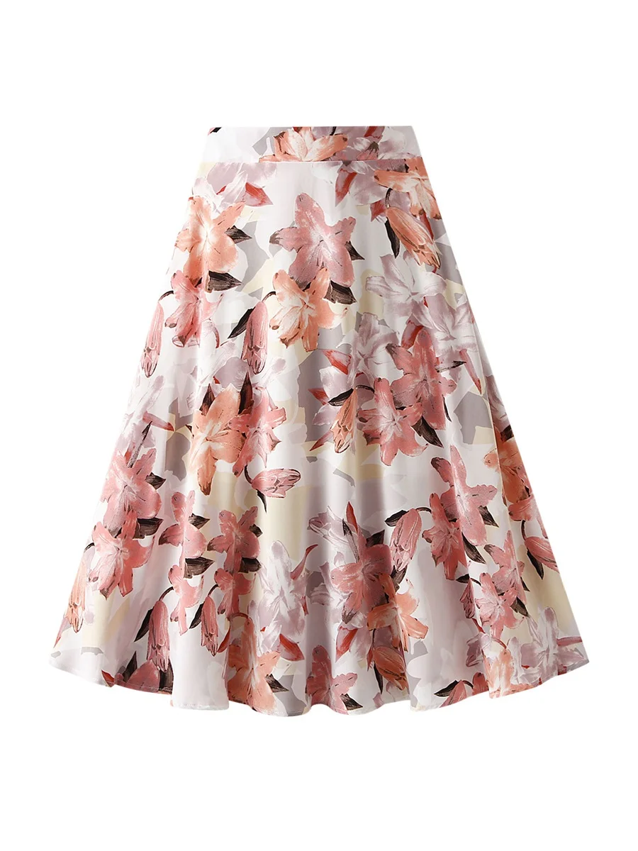 

Women s Retro Floral Print Pleated Midi Skirt with Elastic High Waistband - Vintage A-Line Beach Holiday Flowy Ruffle Bottoms