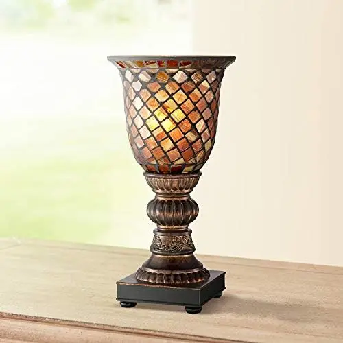 

Мозаичный традиционный винтажный светильник акцент 12 дюймов высокий Темный Бронзовый коричневый земляный оттенок цвета слоновой кости стеклянный оттенок для гостиной спальни