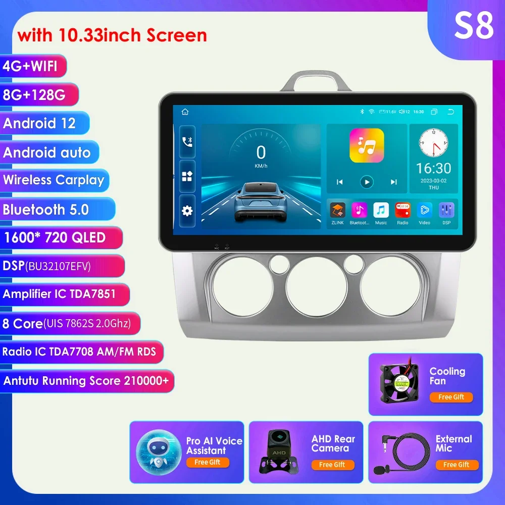 

Hizpo 10,33 "автомобильный радиоприемник 2 Din Android 14 для Ford Focus 2 3 Mk2 Mk3 2004-2011 Экран Carplay GPS Стерео Мультимедийный плеер RDS 4G