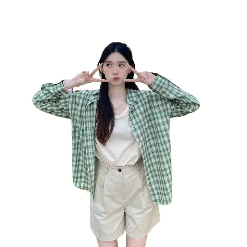 Женская клетчатая рубашка DAYIFUN зеленая Свободная средней длины в Корейском стиле
