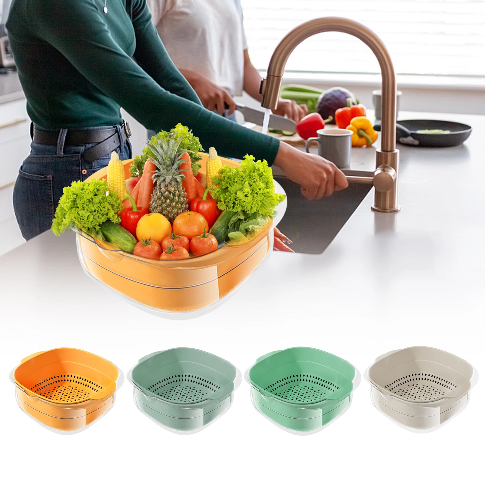 

Draining Bowl 2-in-1 Kit Kitchen Strainer Colander And Bowl Sets Pasta Drainer Basket Space-Saver For Fruits Vegetable Cleaning