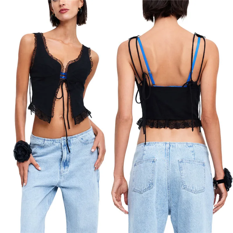 

Women Lace Trim Tank Tops Y2K Vintage Sleeveless Solid Color Tie-up Front Slim Fit Crop Tops Summer Ladies Camis Streetwear 90s