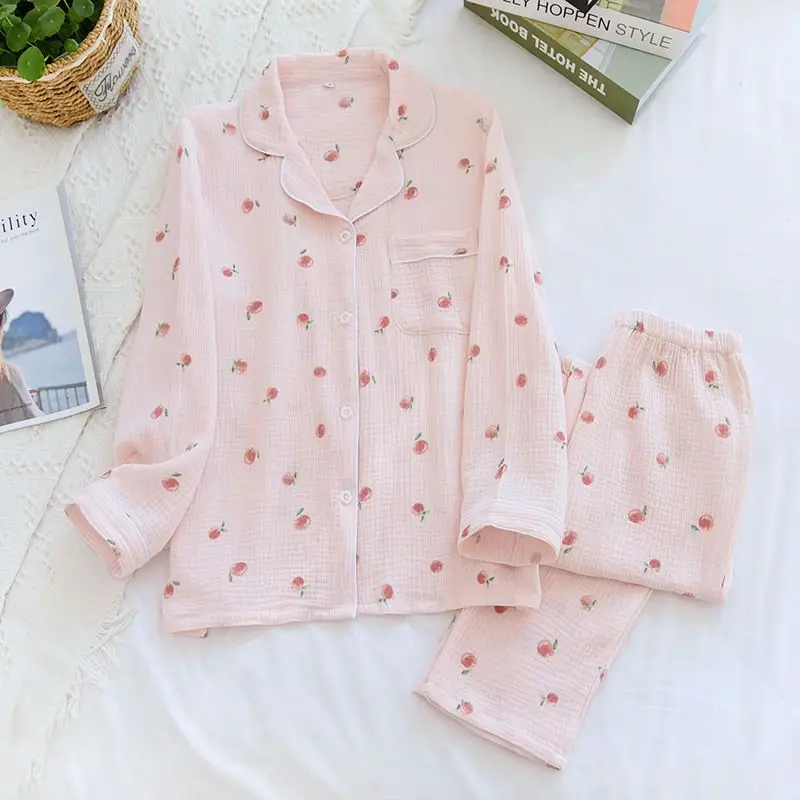 Ladies Pajamas Set 100% Gauze Cotton Cartoon Cat Printed Pyjamas Women 2Pcs Turn-down Neck Shirt+Pants Comfort Nature Sleepwear
