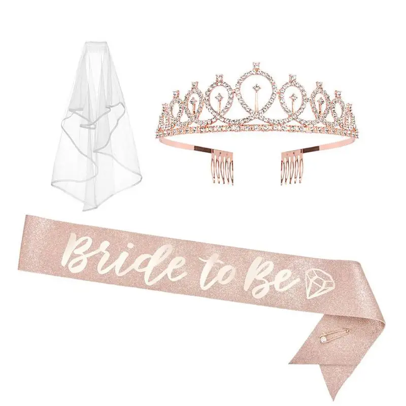 Bride To Be Celebration Rose Gold Bridal Shower Decorations Crown Hair Clip Shoulder Strap Memorable Bachelorette Party Vibes