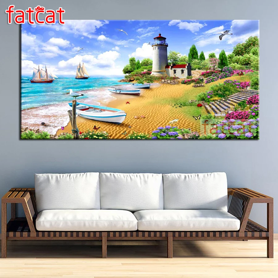 

FATCAT seaside lighthouse scenery Diamond Painting Large Full Square Round Drill Diy 5D Mosaic Embroidery Kits sailboat AE3471