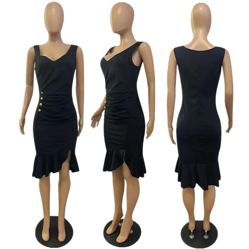 Черное пикантное платье с запахом приталенная юбка-годе на пуговицах красная