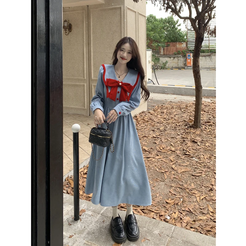 Женское вельветовое платье с бантом и длинным рукавом