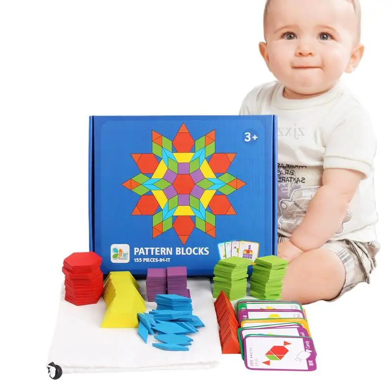 

Wooden Pattern Blocks For Kids 155-pcs Geometric Color Shape Manipulative Puzzle Classic Educational Montessori Tangram Toys