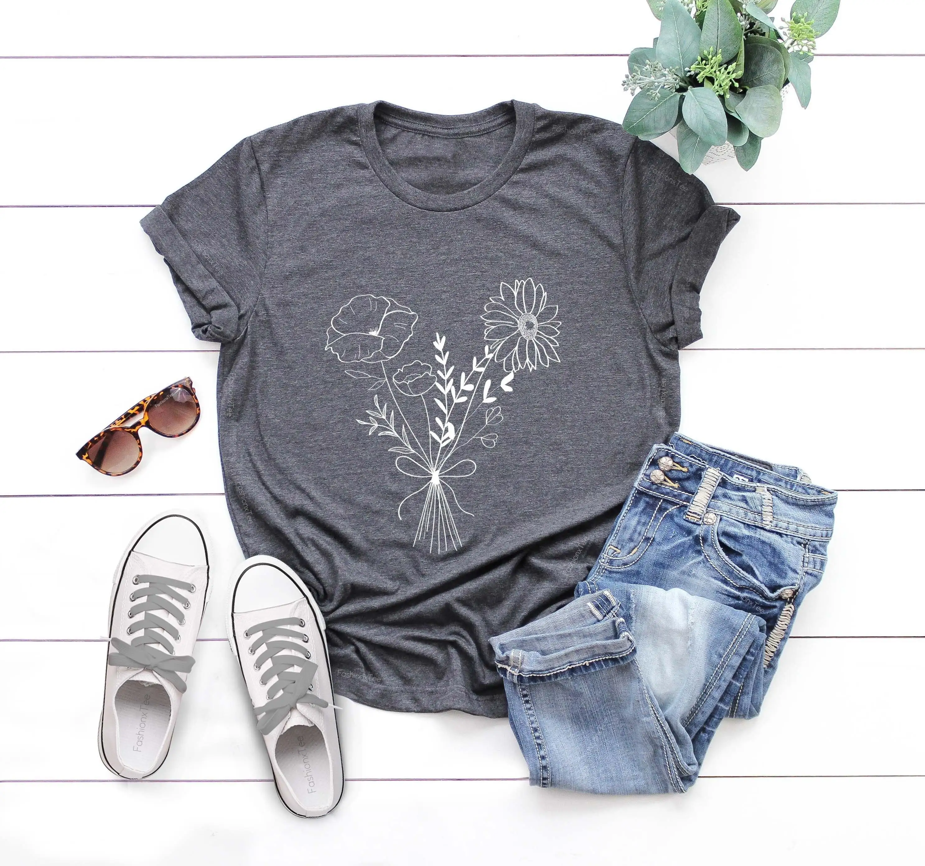 Floral Bouquet Flower T Shirt S For Mom Plant Lover Wildflower Cute Ladies Garden