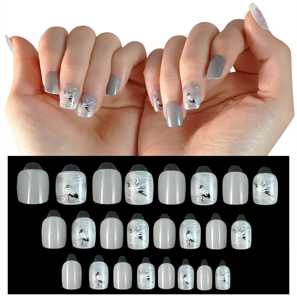 

Hot Sale 2021 24PCS Long Press on Nails Cute Cranes Design Fake Nails Full Coverage Nails Manicure Salon DIY Art Artificial Nail