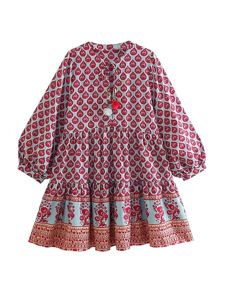 

MESTTRAF Women Fashion Y2K With Tassel Printed Mini Dress Vintage Slot Collar Long Sleeve Female Dresses Vestidos