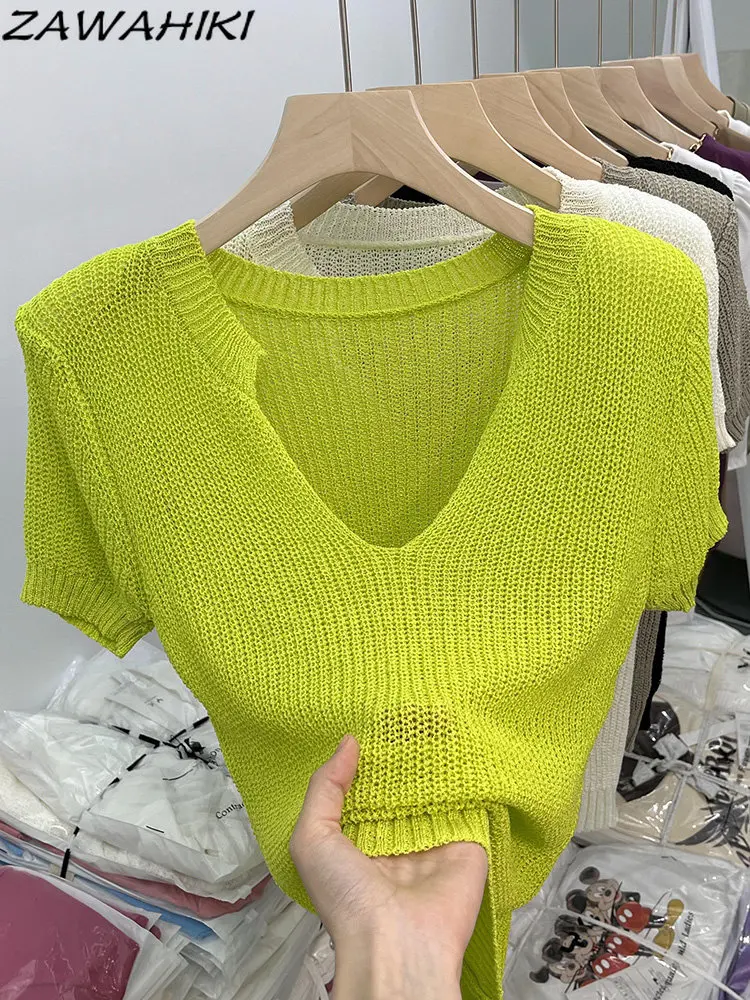 

Chic Sweet Y2K Aesthetic Slim V-neck Hollow Out Knitted Pullovers Solid Color Short Sleeve Summer Korean Casual Crop Top Mujer