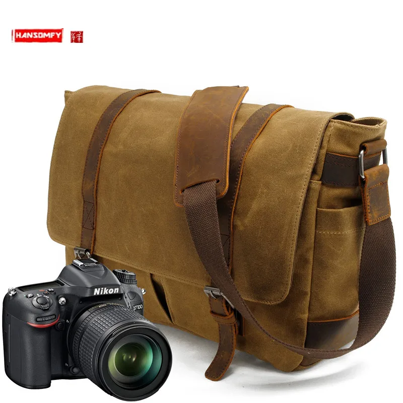 

Horizontal Men'S Bag Camera Bag Casual Shoulder Crossbody Bag Canvas Crazy Horse Leather Handbags SLR Waterproof Photography Bag
