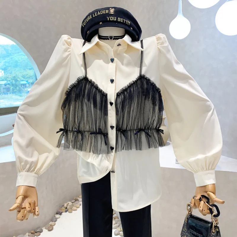 

Niche Design New Women's Clothing 2022 Spring Long Sleeved Splicing Fake Two Pieces Mesh Shirts Versatile Tops Feminine Blouses