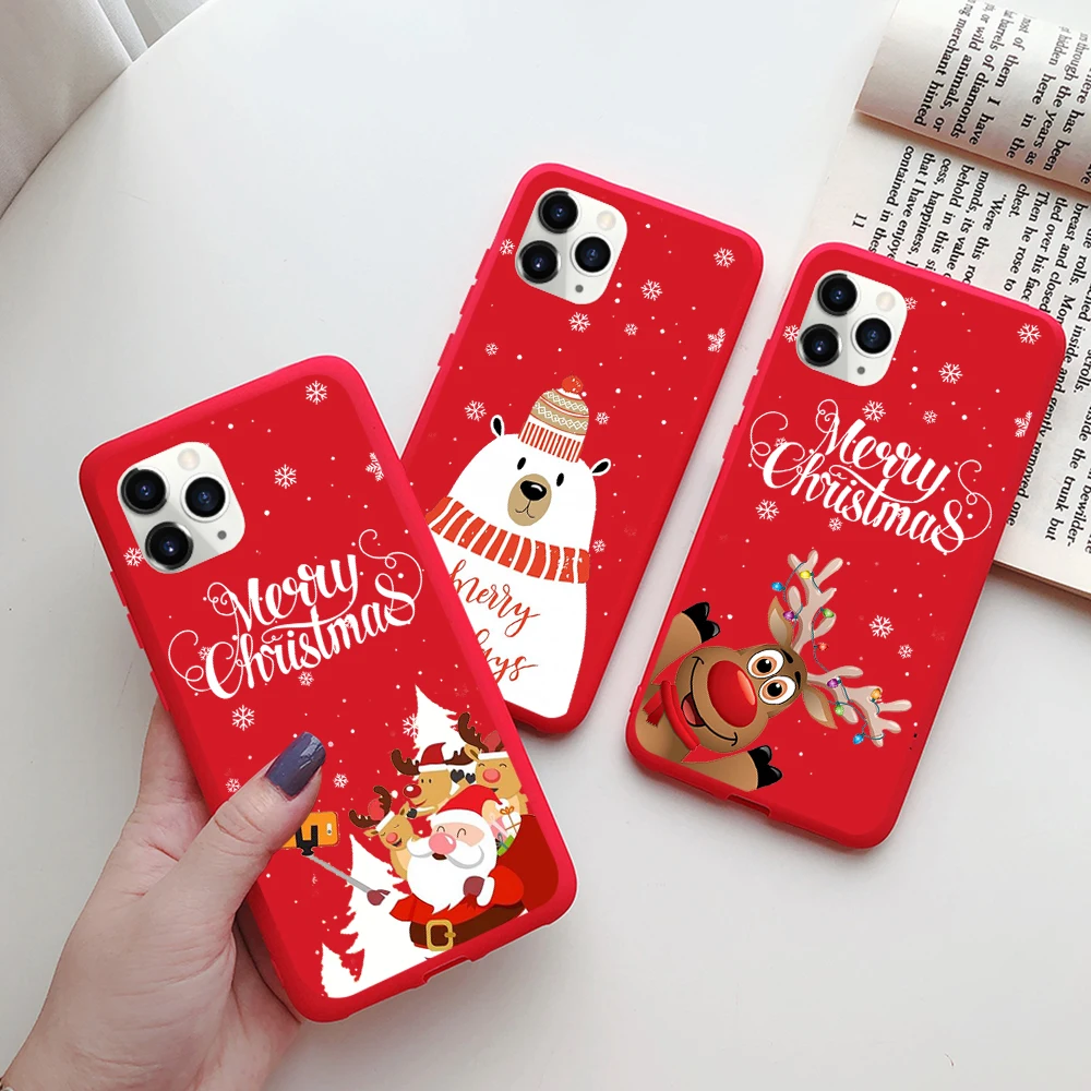 

New year Merry Christmas Phone Case Red Color for iPhone 13 12 11 mini pro X XR XS MAX 8 7 6 6S Plus SE 2020