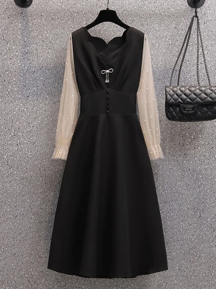 

Women Spring Beading Mesh Long Sleeve Patchwork Dresses Korean Casual V Neck High Waist A-line Vestidos De Fiesta