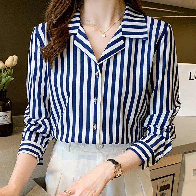 

Женская шифоновая блузка в полоску, с длинным рукавом и отложным воротником, модель F329 на весну, 2022