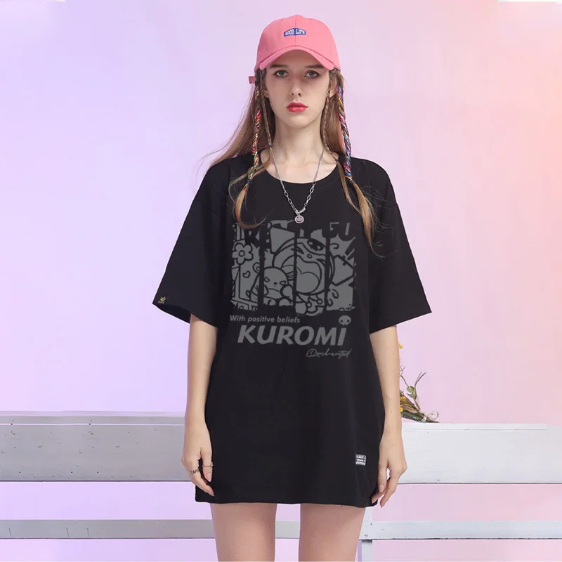 

Футболка Sanrio Kuromi Baku Y2K, винтажная Милая свободная аниме футболка с коротким рукавом и круглым вырезом, хлопковый топ для девушек и пар
