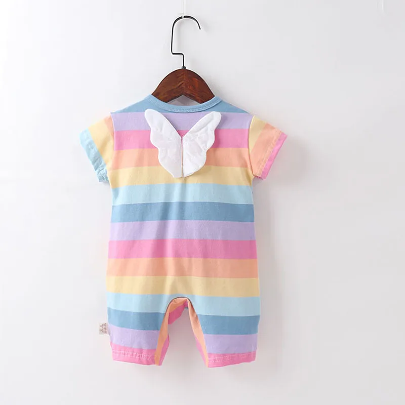 

New Sweet toddler Baby Girl Rainbow Romper 3D Wings Casual Cotton Bow Stripes Ruffle Short Sleeve