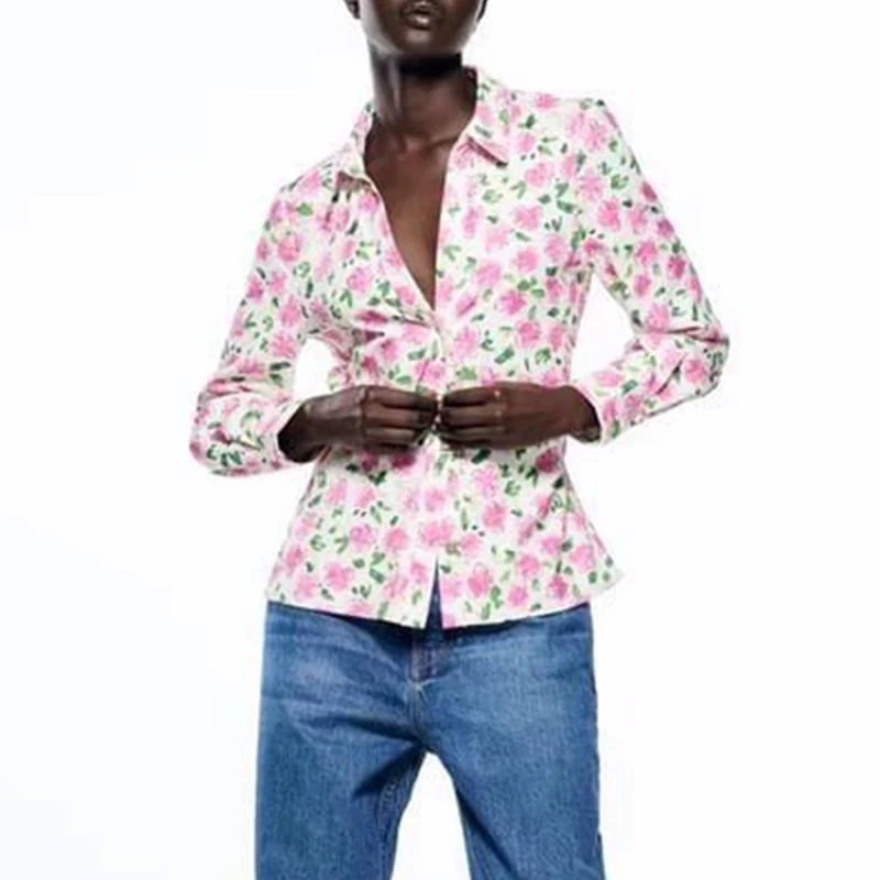 

2022 Spring Women Fashion Flower Printed Shirt Vintage Long Sleeve Single-breasted Lapel Side Pleated Shirt Chic Top OZZ1497