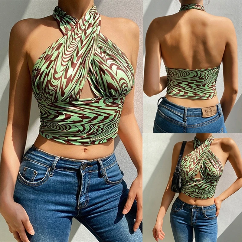 

Elegant Striped Print Backless T-shirt Summer Halter Short Sleeve Pullovers Tops