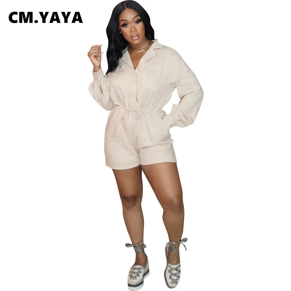 

Комбинезон женский летний однотонный с длинным рукавом, отложным воротником и кулиской на талии