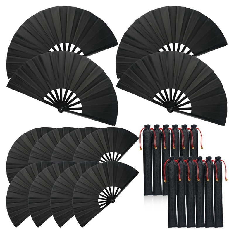 

12 Sets Large Folding Fan With Sleeves Silk Hand Fan Chinese Taichi Handheld Fan Folding Dancing Prop