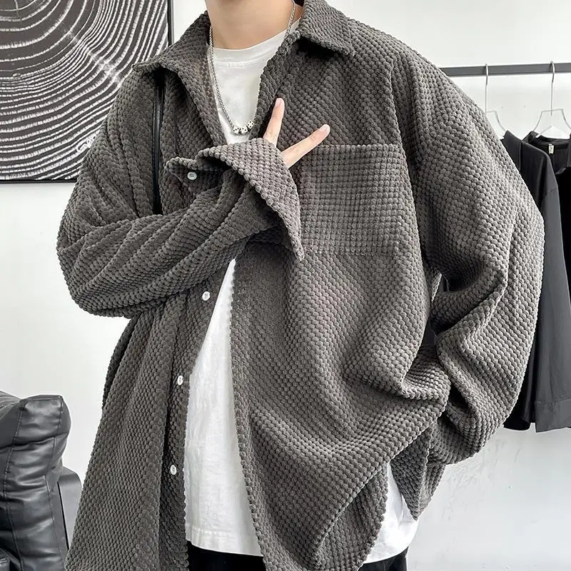 

New Korean Style Shirt Plus Size 5Xl-M Corduroy Shirts Men Harajuku Pineapple Cubes Mens Shirt Long Sleeve Streetwear Fashions
