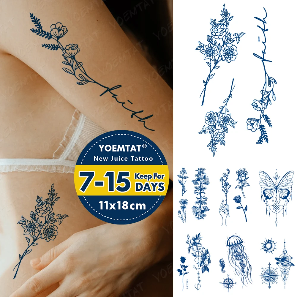 

Semi-Permanent Waterproof Temporary Tattoo Sticker Line Flower Rose Lavender Peony Lasting Ink Tatto Body Art Herbal Fake Tatoo