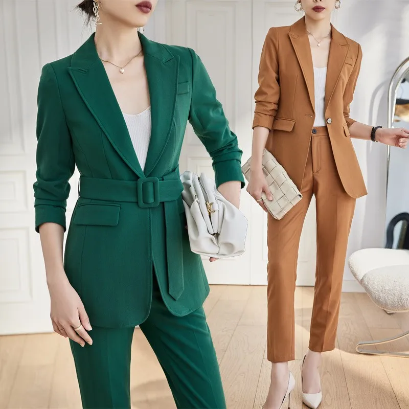 Green casual suit jacket Women's autumn design sense Small number of hosts interview formal work clothes waist closing suit suit