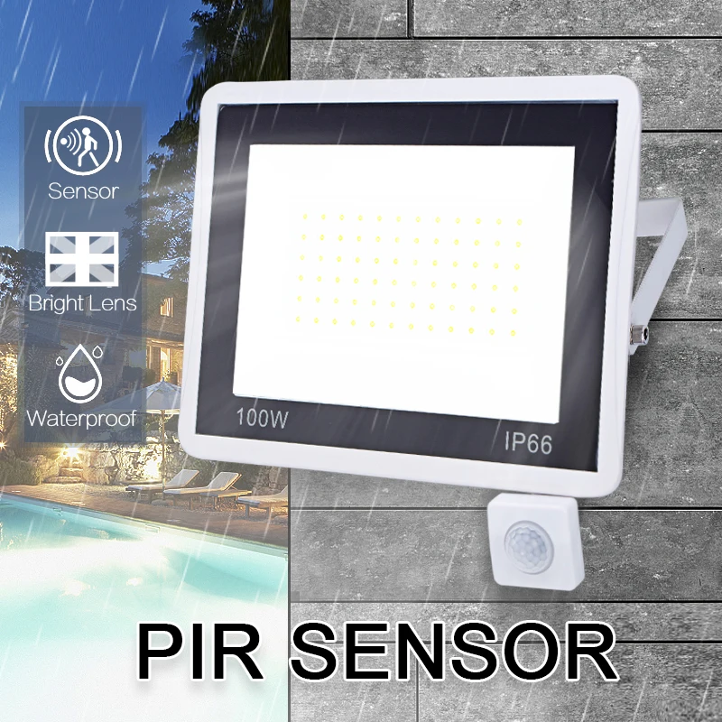 

LED Floodlight PIR Motion Sensor 220V 10W 20W 30W 50W 100W Cold Warm White Reflector Waterproof IP66 Outdoor Induction Lighting