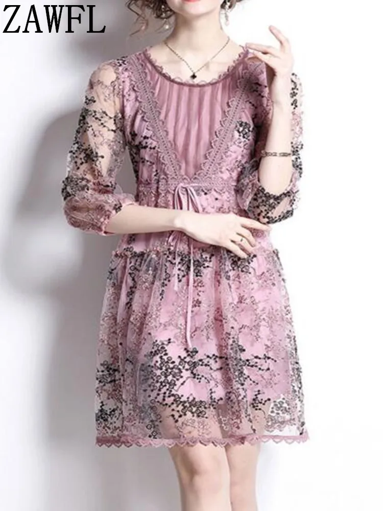 

ZAWFL High Quality 2022 New Vintage Hollow Out Mesh Dresses Women See Throught Pink Embroidery Party Mini Short Dress