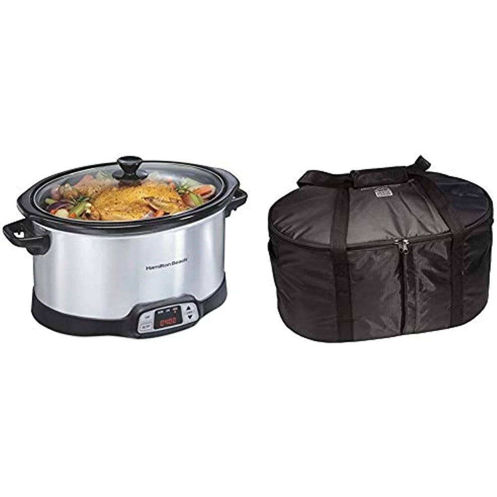 

8-кварная программируемая Медленная Плита с цифровым таймером, серебристая (33480) и дорожная фотоплита, с изолированным чехлом для 6, 7 и 8 Кварт