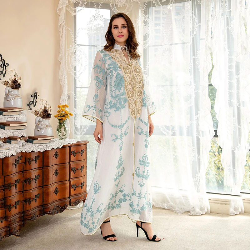 Women Flower Embroidery Long Sleeve Abaya 2022 Dubai Luxury Mesh Muslim Dress Evening Party Saudi Arabia Moroccan Abayas Turkey