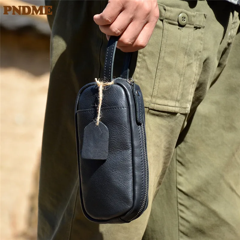 PNDME simple casual high-quality natural real leather men women Clutch bag daily organizer real cowhide handbag mobile phone bag