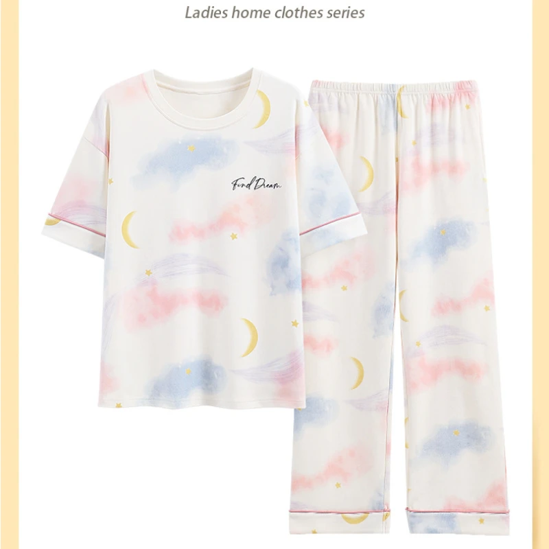 Pajamas for Women Summer Thin Cotton Short-sleeved Trousers Two-piece Suit Round Neck Cute Style Can Be Worn Outside Loungewear