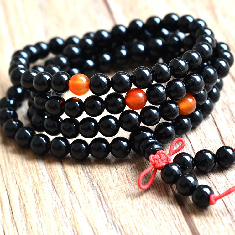 

Natural 6mm Black Agate Beaded Bracelet Tibetan Buddhist 108 Pcs Necklace Gourd Mala Prayer Jewelry For Meditation Drop Shipping