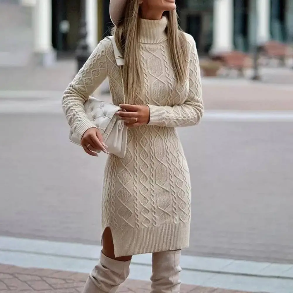 

Turtleneck Long Sleeve Side Split Hem Bodycon Dress Ladies Autumn Winter Twist Knitted Sweater Dress Streetwear