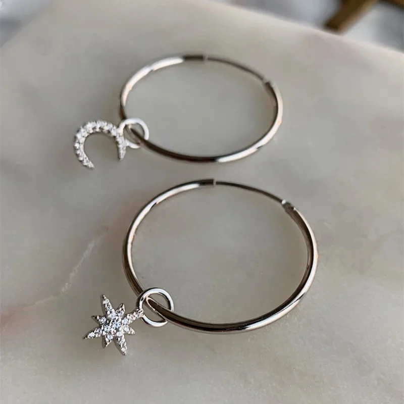 

New Asymmetrical Star Moon Hoop Earrings For Women Korean Temperament CZ Dangle Drop Earring Personality Ear Jewelry