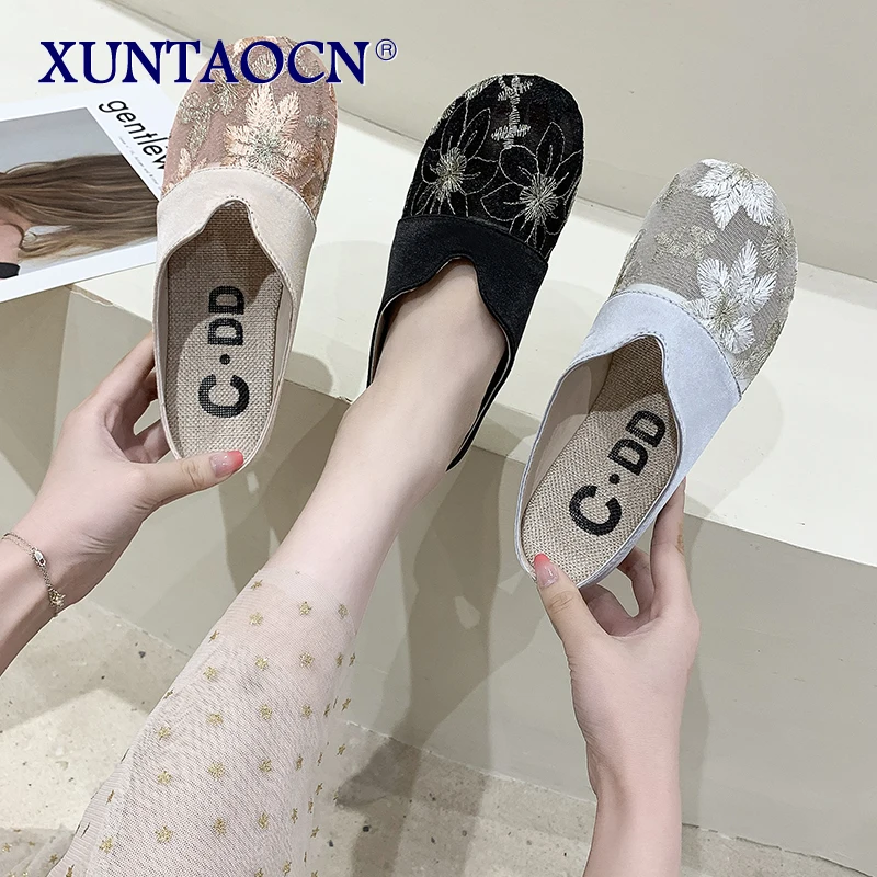 

2021 Summer Woman Slippers Mesh Patchwork PU Flats Ladies Hollow Out Breathable Shallow Slip On Comfortable Female Casual Shoes