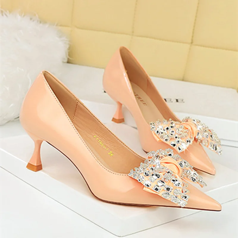 Women Diamond Butterfly-knot 5cm Thin Wineglass Heels Mujer Pointy Toe Green Pink Sewing Hand-Made Pumps For Narrow Feet 34-43